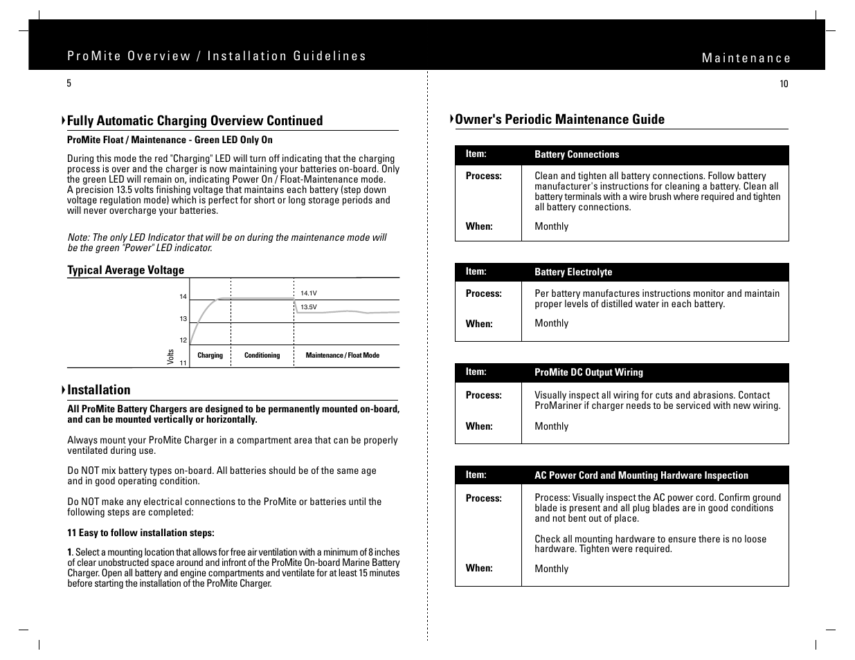 Installation, Fully automatic charging overview continued, Owner's periodic maintenance guide | ProMariner ProMite User Manual | Page 7 / 9