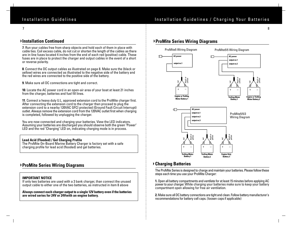 Installation continued, Promite series wiring diagrams, Charging batteries | ProMariner ProMite User Manual | Page 9 / 9