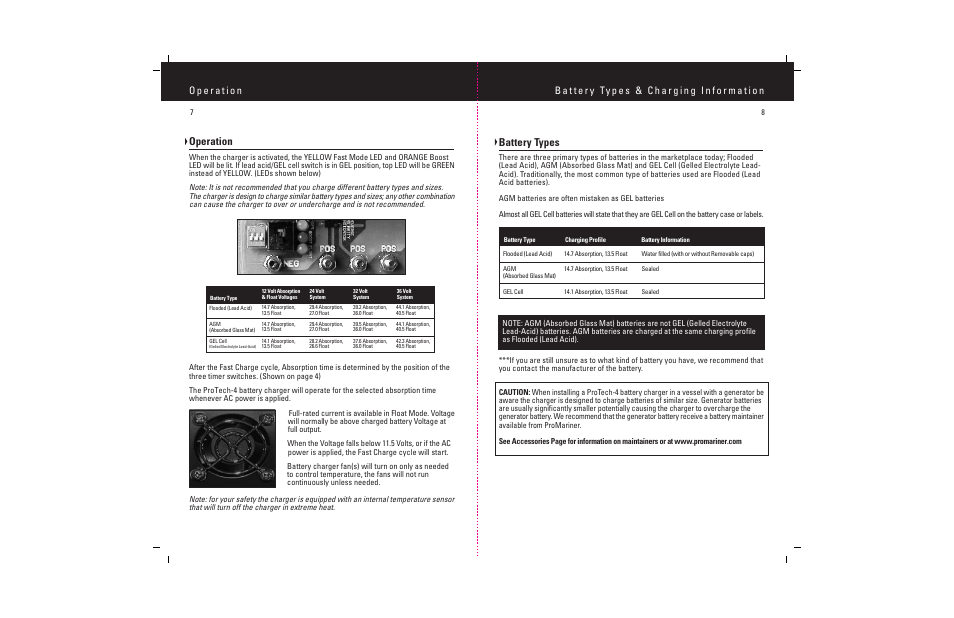 Battery types, Operation | ProMariner ProTech-4 User Manual | Page 10 / 18