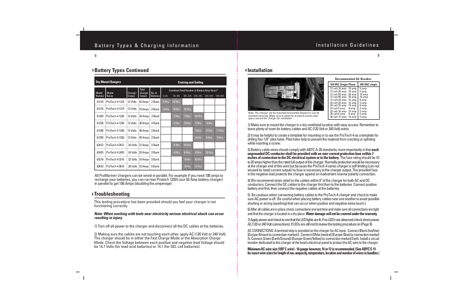 Battery types continued, Troubleshooting, Installation | ProMariner ProTech-4 User Manual | Page 11 / 18