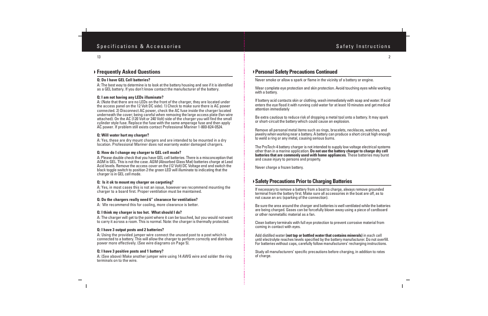 Personal safety precautions continued, Safety precautions prior to charging batteries, Frequently asked questions | ProMariner ProTech-4 User Manual | Page 15 / 18