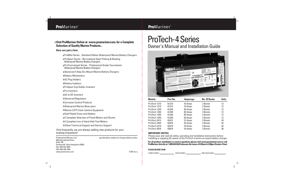 Protech-4 series, Owner's manual and installation guide, Pro ma r i ne r | ProMariner ProTech-4 User Manual | Page 18 / 18