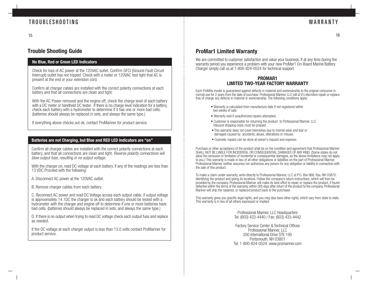 Trouble shooting guide, Promar1 limited warranty | ProMariner ProMar1 User Manual | Page 10 / 11