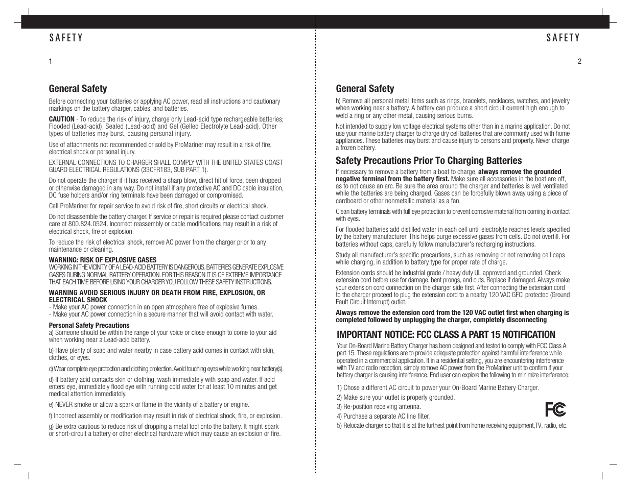 General safety, Safety precautions prior to charging batteries, Important notice: fcc class a part 15 notification | ProMariner ProMar1 User Manual | Page 3 / 11