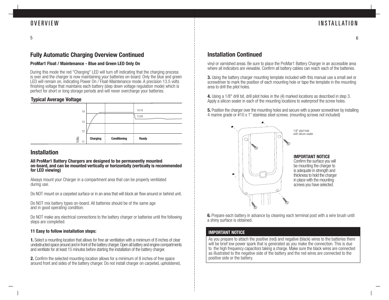 I n s ta l l at i o n, Installation, Fully automatic charging overview continued | Installation continued | ProMariner ProMar1 User Manual | Page 5 / 11