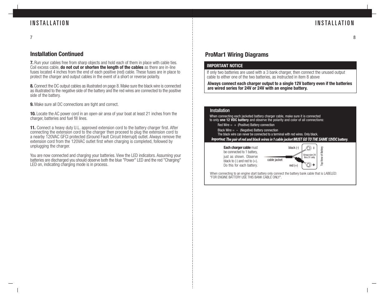 I n s ta l l at i o n, Installation continued, Promar1 wiring diagrams | ProMariner ProMar1 User Manual | Page 6 / 11