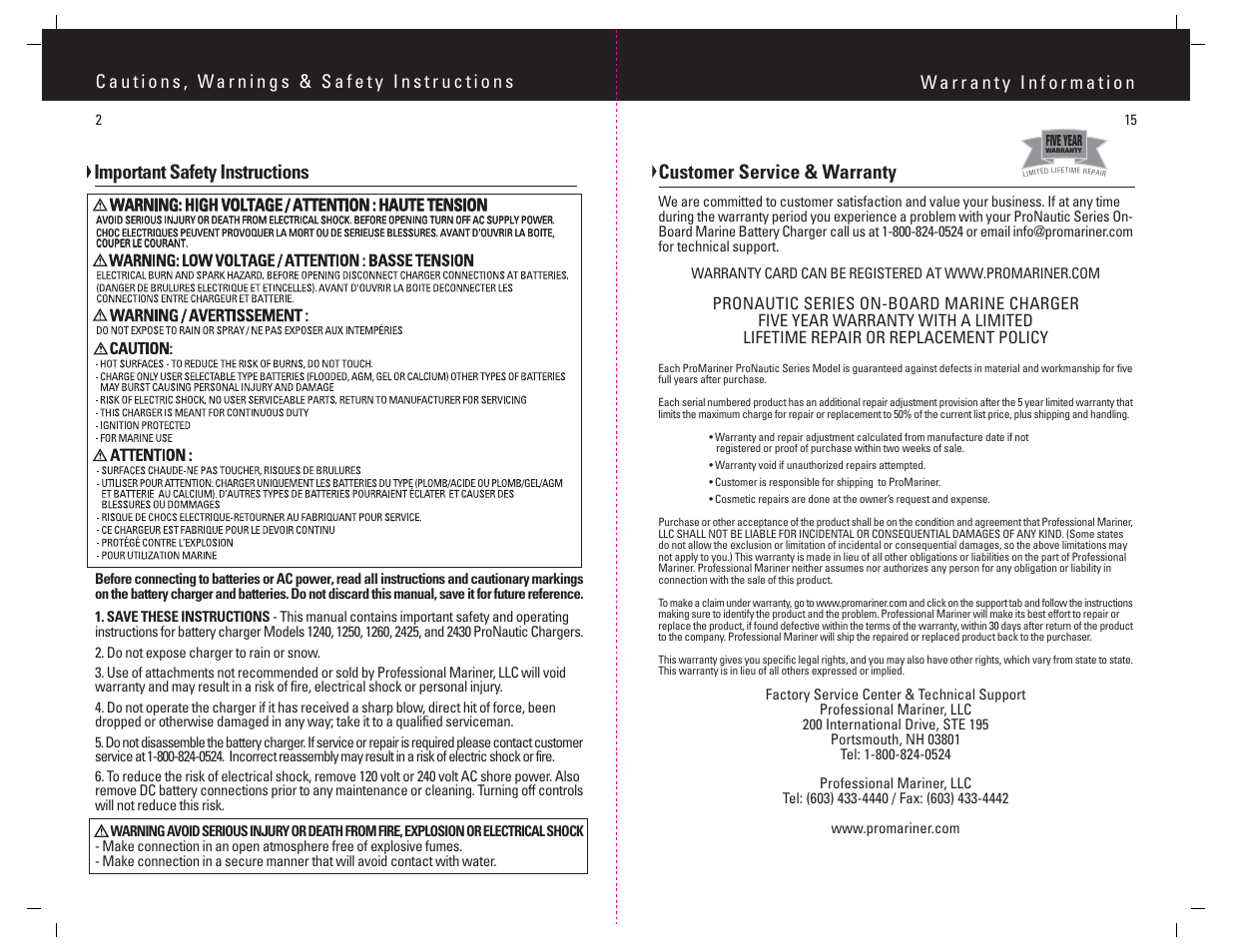 Customer service & warranty, Important safety instructions | ProMariner ProNautic C3 User Manual | Page 3 / 9