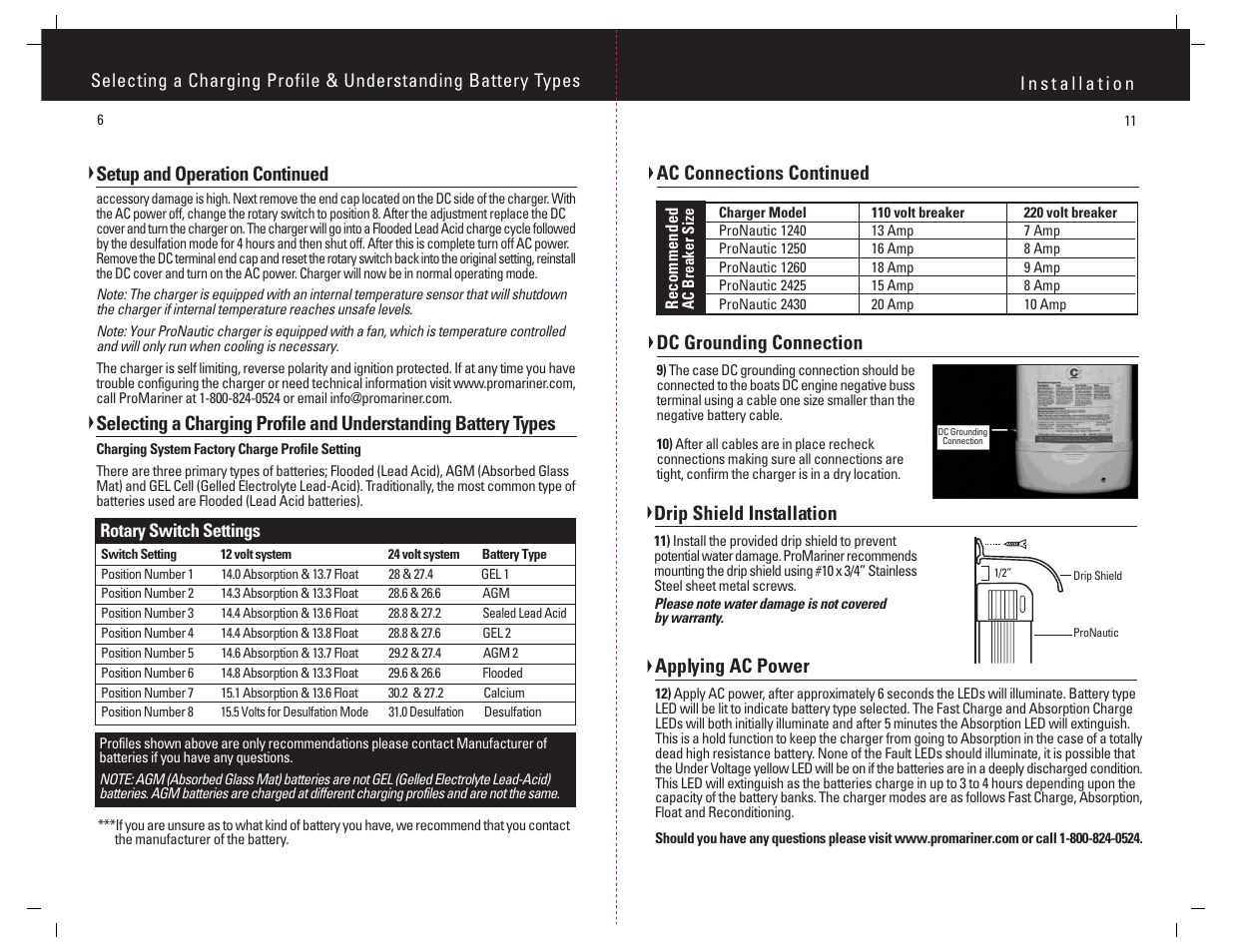 Ac connections continued drip shield installation, Applying ac power, Dc grounding connection | Setup and operation continued | ProMariner ProNautic C3 User Manual | Page 7 / 9