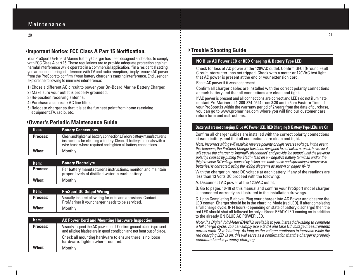 Trouble shooting guide, Important notice: fcc class a part 15 notification, Owner's periodic maintenance guide | ProMariner ProSport - SMT User Manual | Page 12 / 14