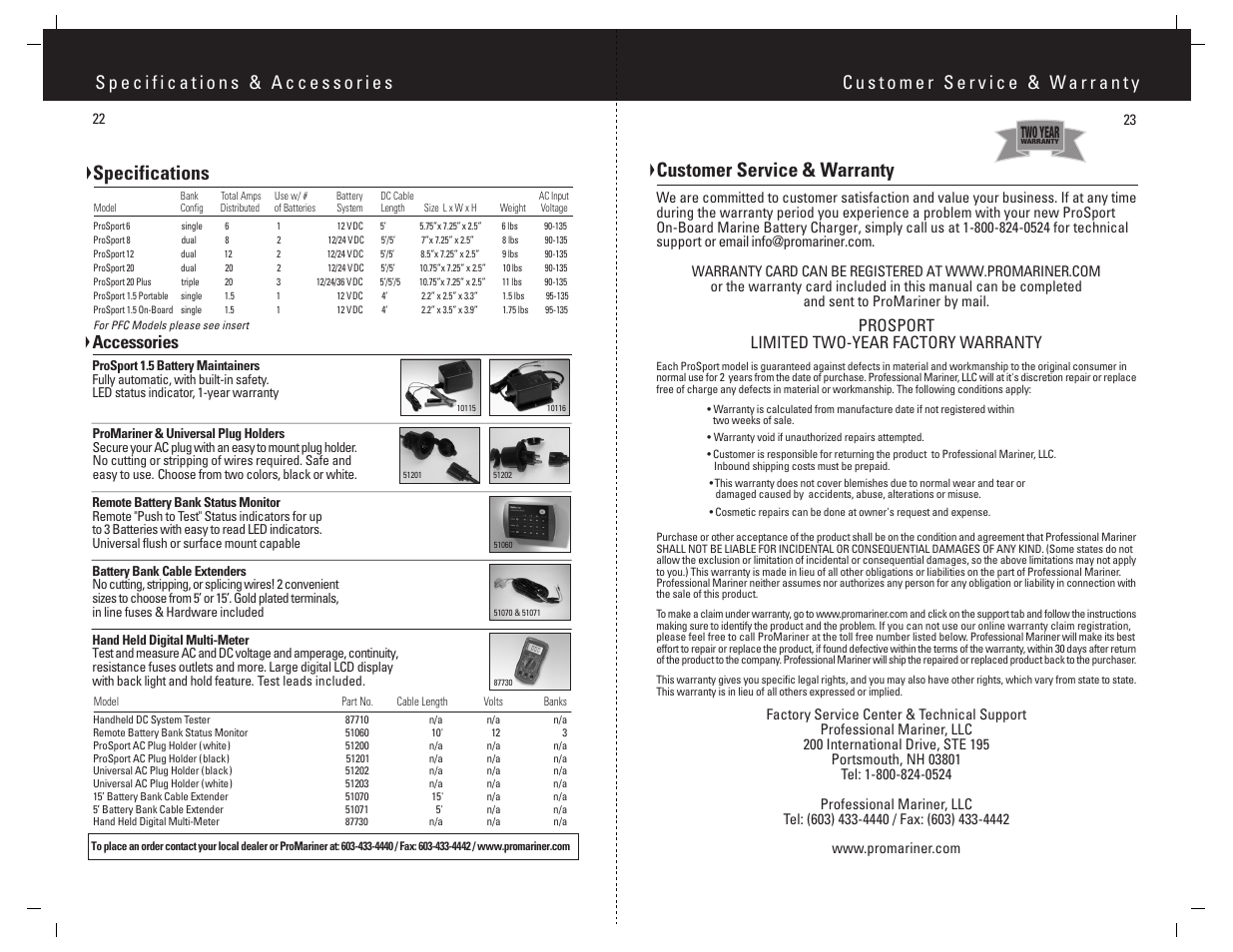 Customer service & warranty, Specifications, Accessories | Prosport limited two-year factory warranty | ProMariner ProSport - SMT User Manual | Page 13 / 14