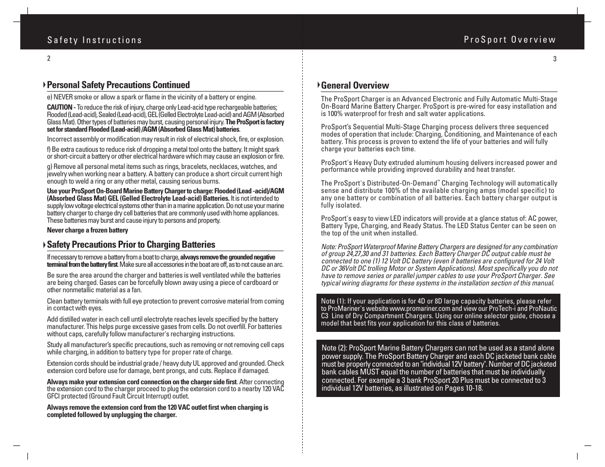 Personal safety precautions continued, Safety precautions prior to charging batteries, General overview | ProMariner ProSport - SMT User Manual | Page 3 / 14