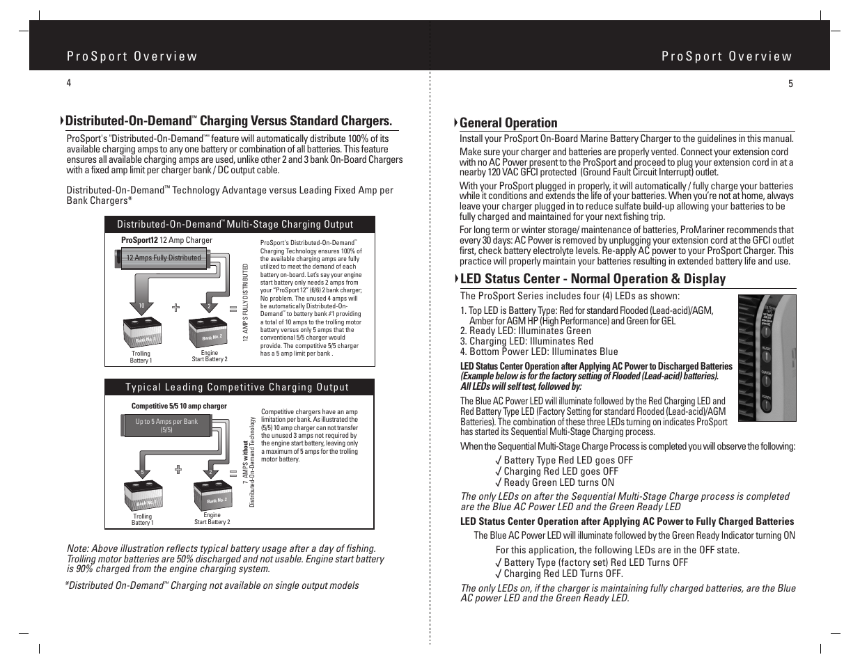 Led status center - normal operation & display, General operation, Distributed-on-demand | Charging versus standard chargers | ProMariner ProSport - SMT User Manual | Page 4 / 14