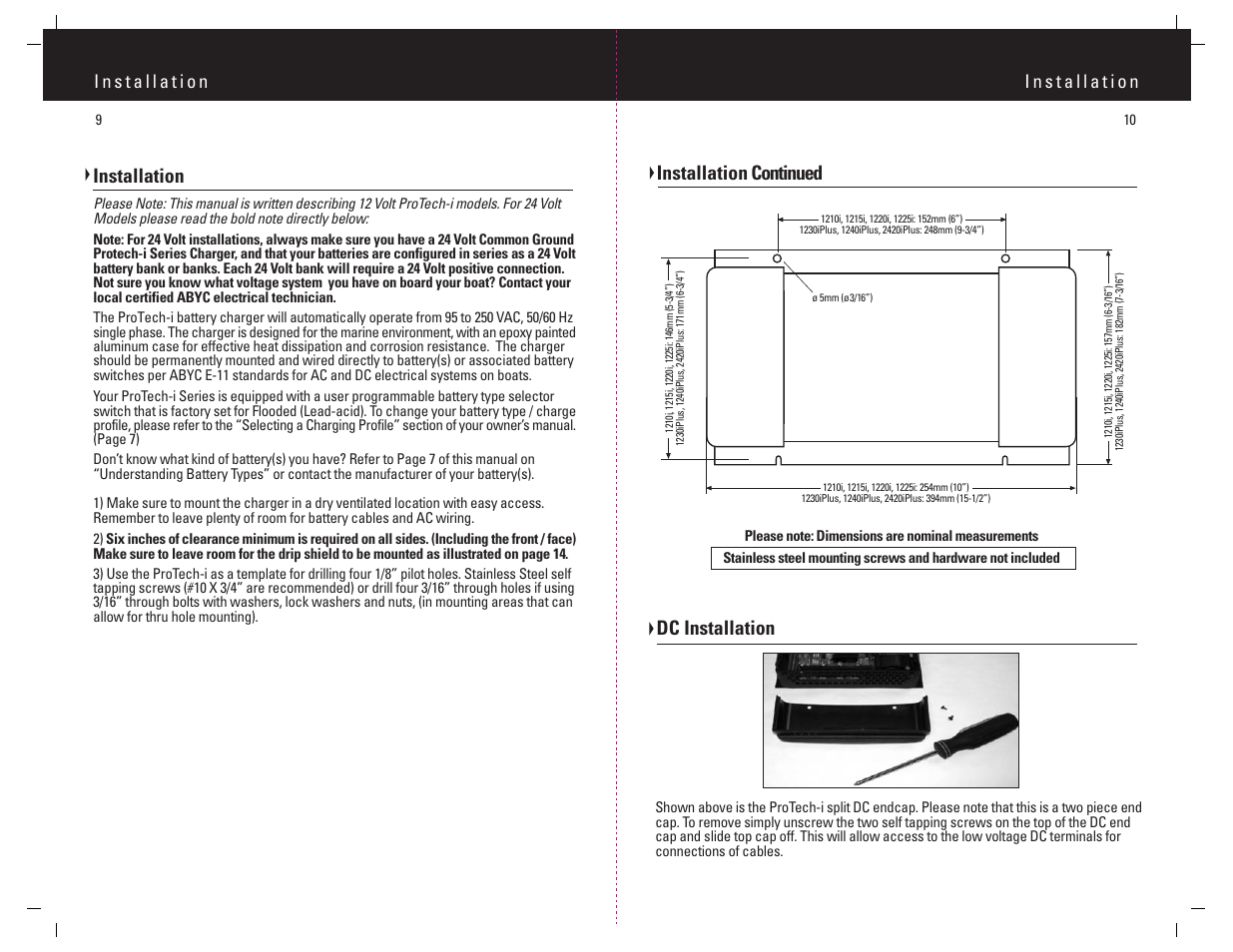 Installation continued, Installation, Dc installation | ProMariner ProTech-i User Manual | Page 12 / 12