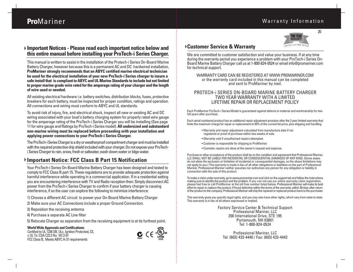 Pro ma r i ne r, Customer service & warranty, Important notice: fcc class b part 15 notification | ProMariner ProTech-i User Manual | Page 2 / 12