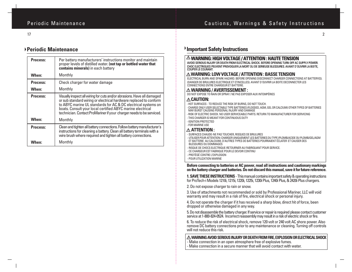 Important safety instructions, Periodic maintenance | ProMariner ProTech-i User Manual | Page 5 / 12