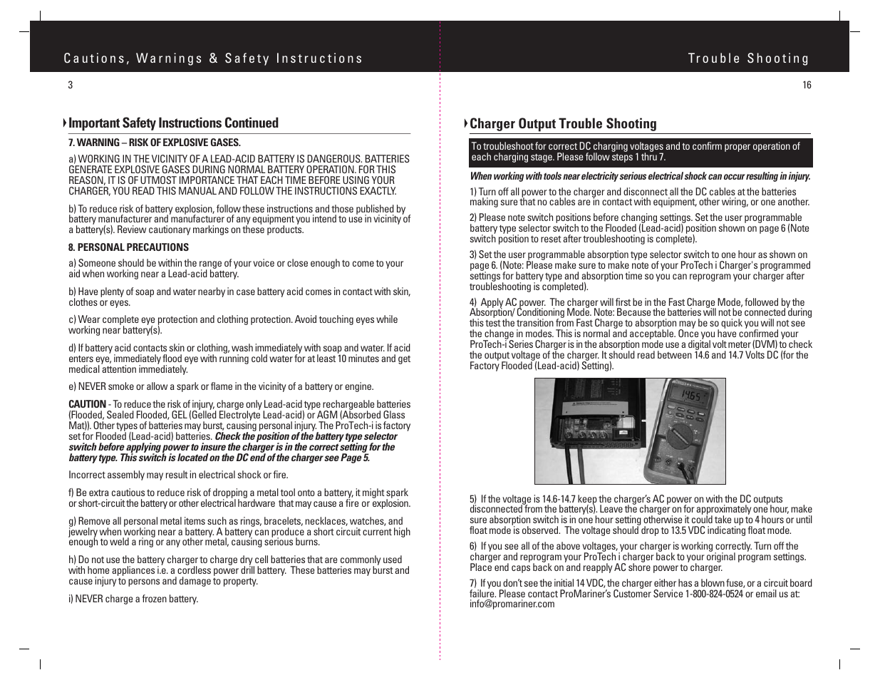 Charger output trouble shooting, Important safety instructions continued | ProMariner ProTech-i User Manual | Page 6 / 12