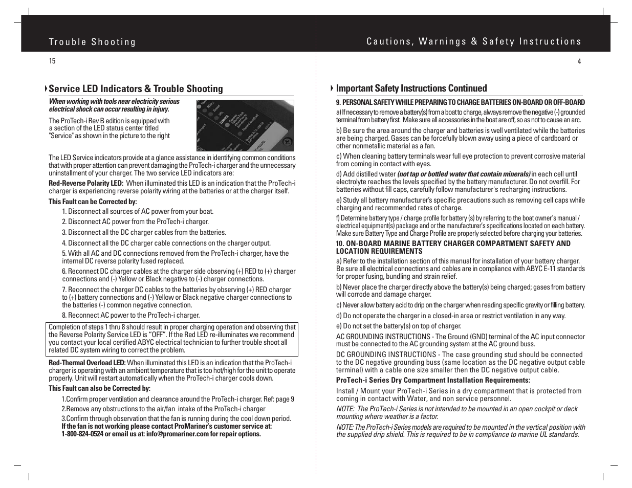 Important safety instructions continued, Service led indicators & trouble shooting | ProMariner ProTech-i User Manual | Page 7 / 12