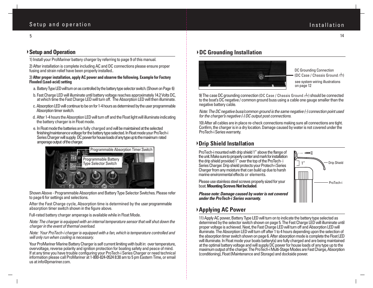 Setup and operation, Dc grounding installation drip shield installation, Applying ac power | ProMariner ProTech-i User Manual | Page 8 / 12