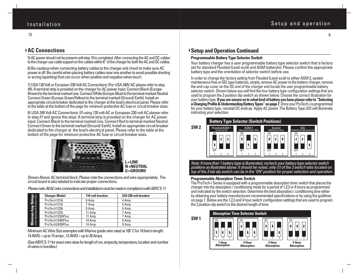 Setup and operation continued, Ac connections, Sw 2 sw 1 battery type selector (switch positions) | ProMariner ProTech-i User Manual | Page 9 / 12