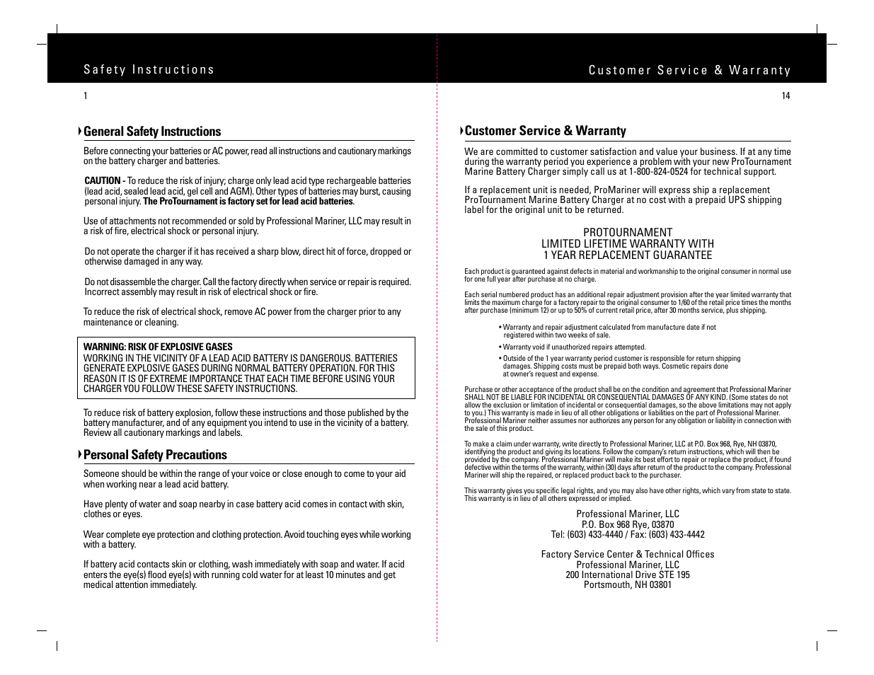 General safety instructions, Personal safety precautions, Customer service & warranty | ProMariner ProTournament User Manual | Page 3 / 9