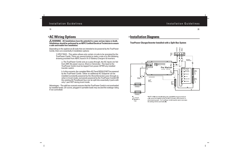 Ac wiring options, Installation diagrams | ProMariner Combi Inverter Charger User Manual | Page 12 / 19