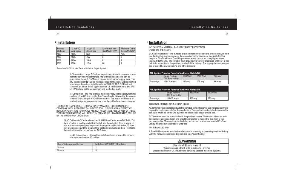 Installation, Warning, Electrical shock hazard | ProMariner Combi Inverter Charger User Manual | Page 15 / 19