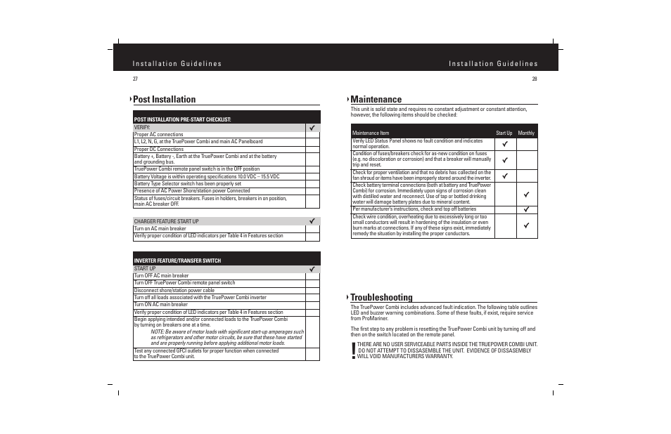 Post installation, Maintenance, Troubleshooting | ProMariner Combi Inverter Charger User Manual | Page 16 / 19