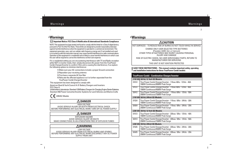 Warnings, Danger, Warning | Caution | ProMariner Combi Inverter Charger User Manual | Page 3 / 19