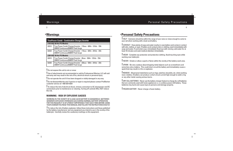 Personal safety precautions, Warnings | ProMariner Combi Inverter Charger User Manual | Page 4 / 19