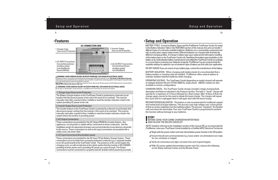 Features, Setup and operation | ProMariner Combi Inverter Charger User Manual | Page 7 / 19