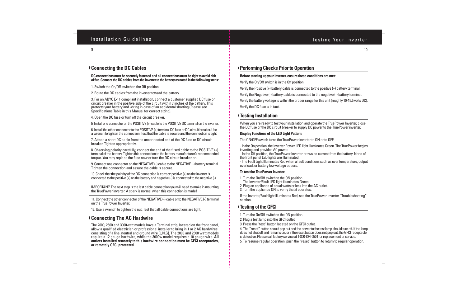 Connecting the dc cables, Connecting the ac hardwire, Performing checks prior to operation | Testing installation, Testing of the gfci | ProMariner TruePower 1500-3000 User Manual | Page 11 / 11