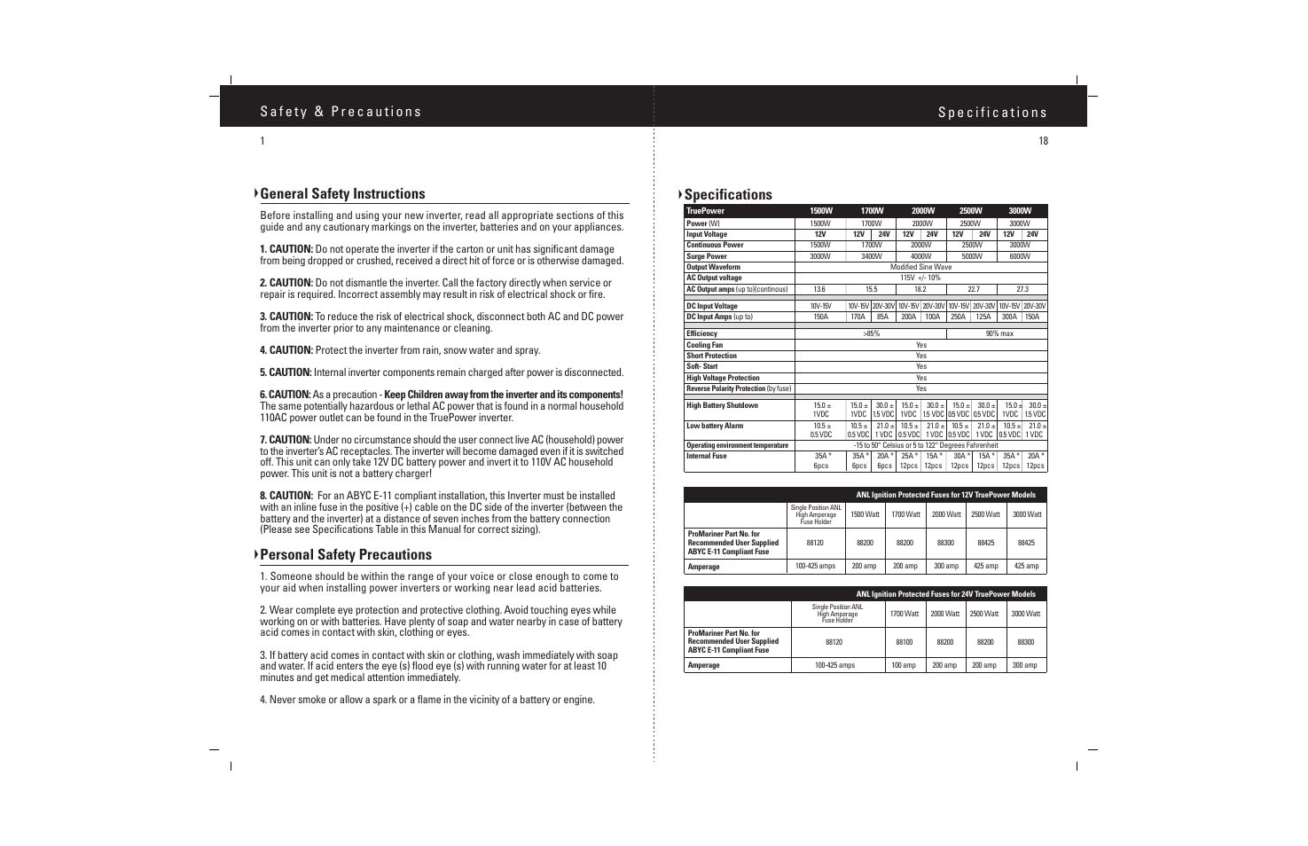 Specifications, General safety instructions, Personal safety precautions | ProMariner TruePower 1500-3000 User Manual | Page 3 / 11