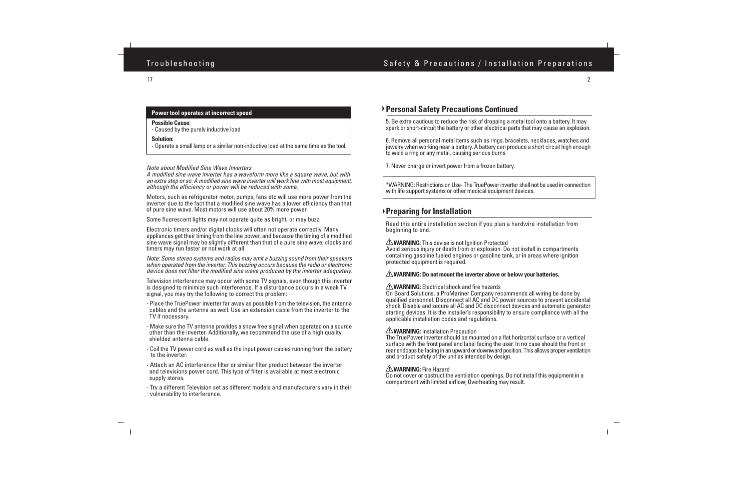 Personal safety precautions continued, Preparing for installation | ProMariner TruePower 1500-3000 User Manual | Page 4 / 11