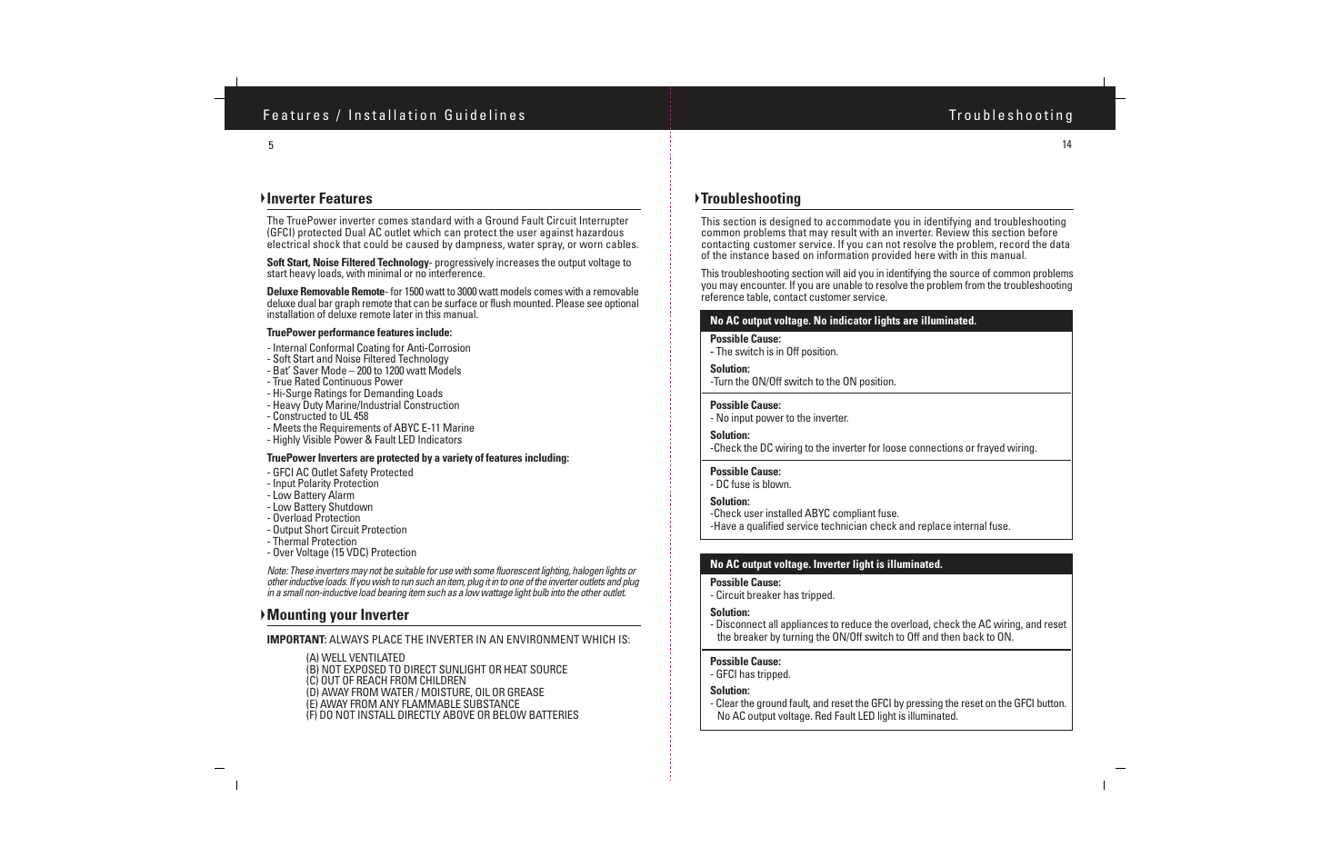 Inverter features, Mounting your inverter, Troubleshooting | ProMariner TruePower 1500-3000 User Manual | Page 7 / 11
