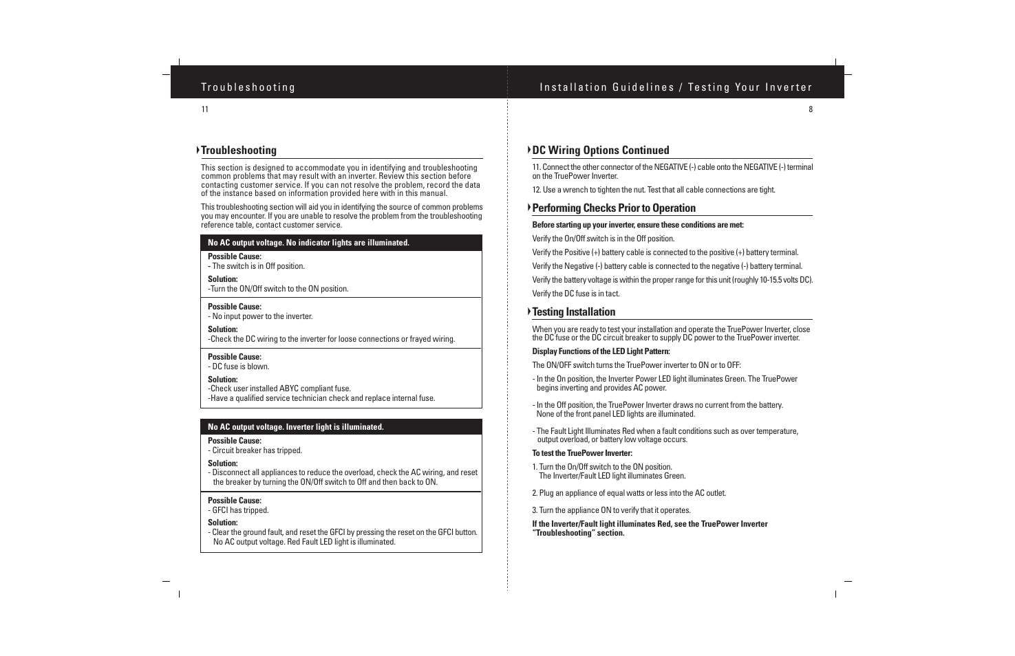 Dc wiring options continued, Performing checks prior to operation, Testing installation | Troubleshooting | ProMariner TruePower 200-400 User Manual | Page 10 / 11