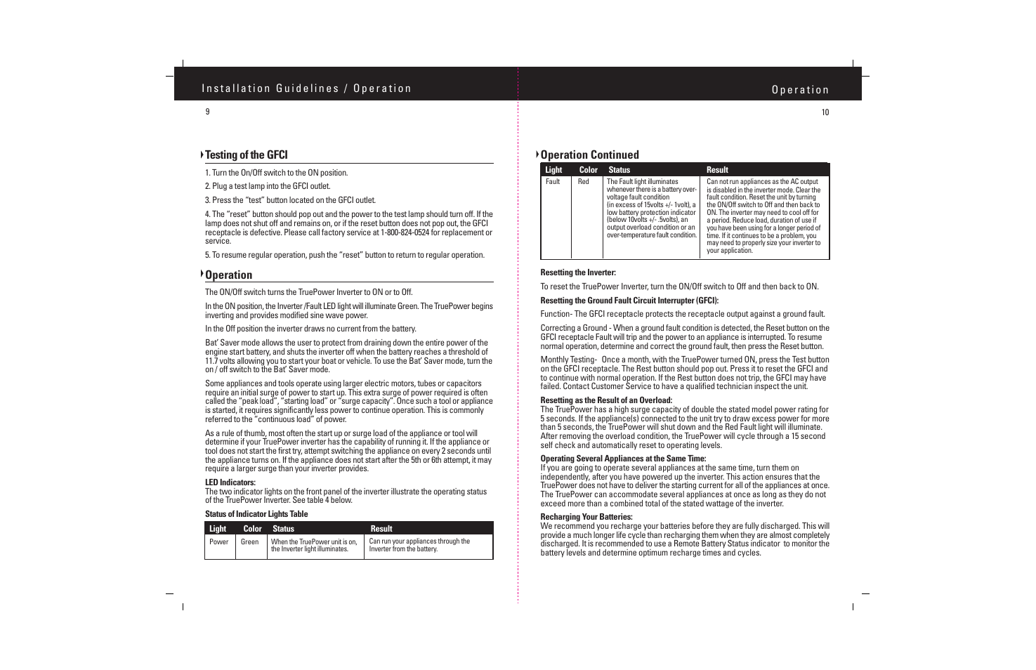 Testing of the gfci, Operation, Operation continued | ProMariner TruePower 200-400 User Manual | Page 11 / 11