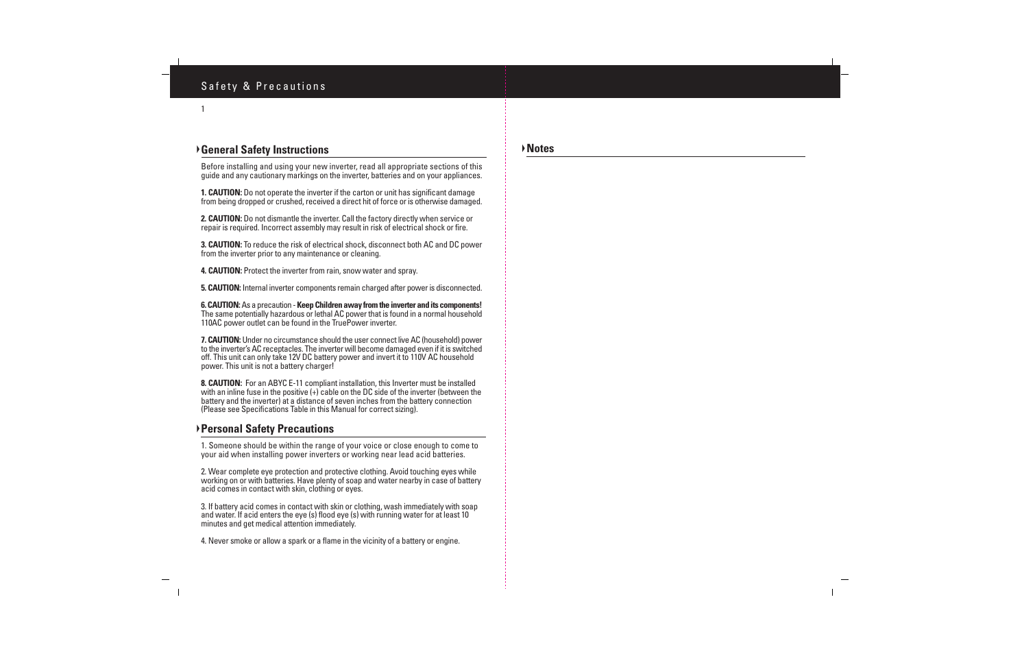 General safety instructions, Personal safety precautions | ProMariner TruePower 200-400 User Manual | Page 3 / 11