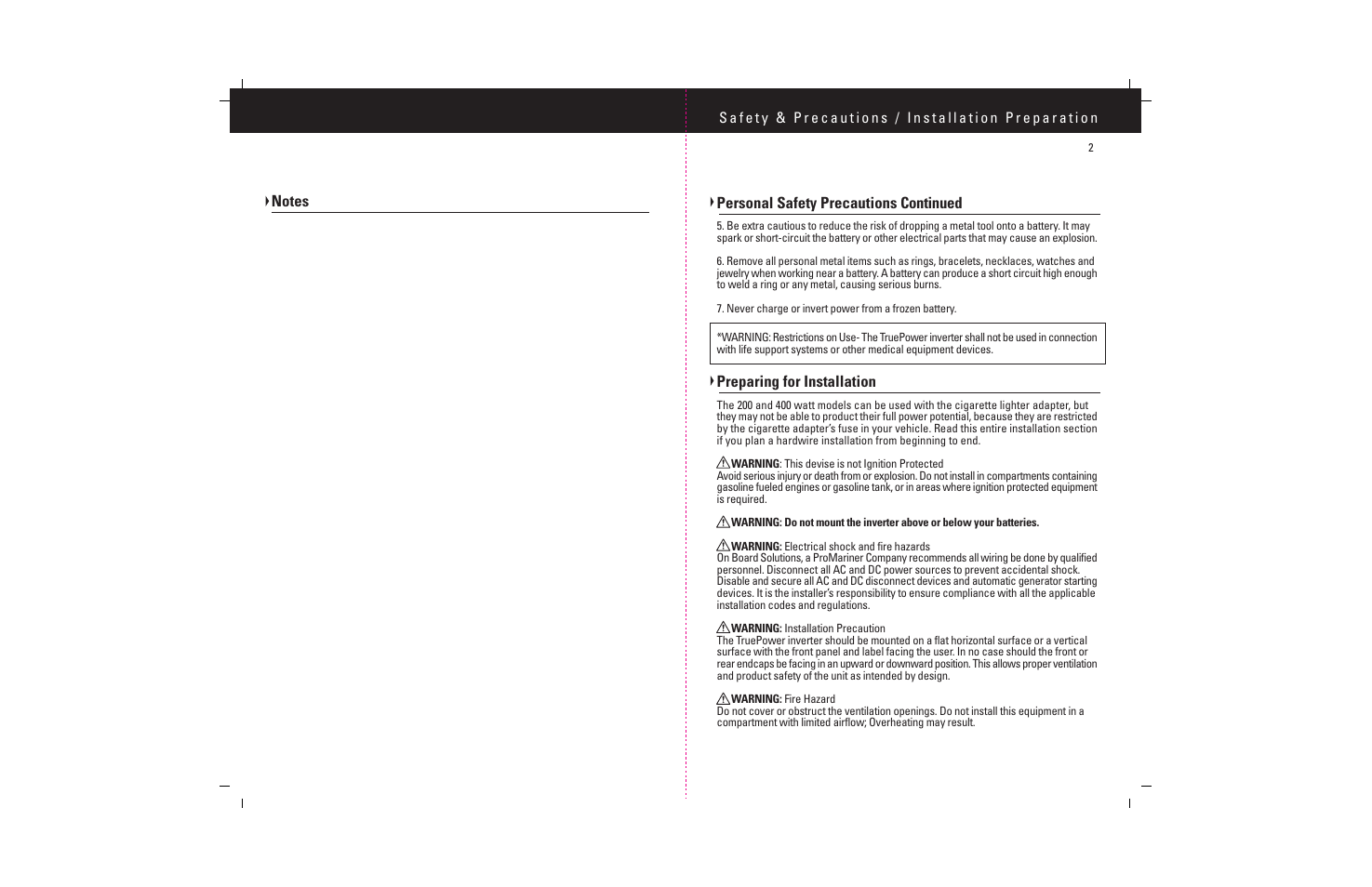 Personal safety precautions continued, Preparing for installation | ProMariner TruePower 200-400 User Manual | Page 4 / 11