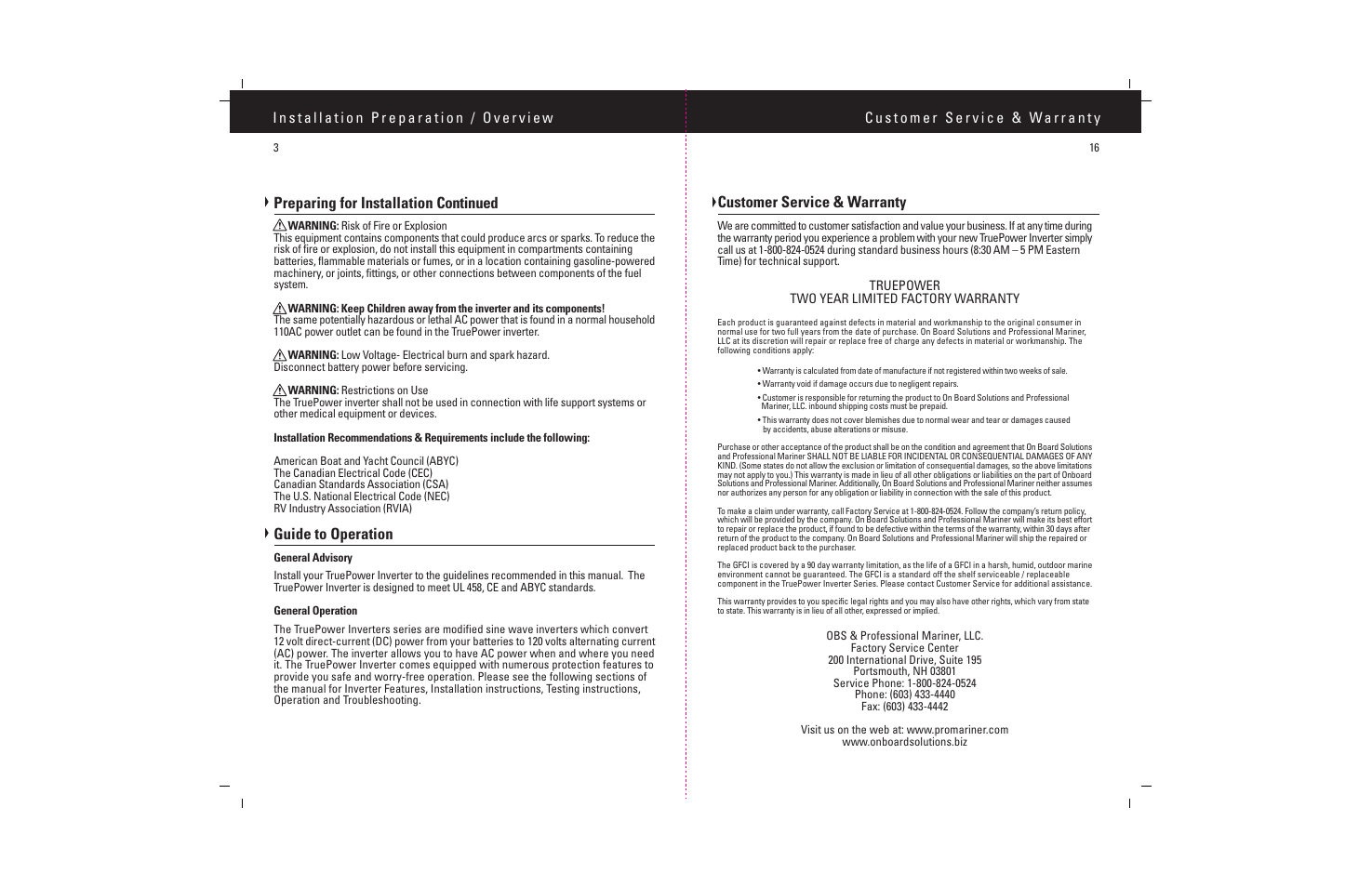 Customer service & warranty, Preparing for installation continued, Guide to operation | ProMariner TruePower 200-400 User Manual | Page 5 / 11