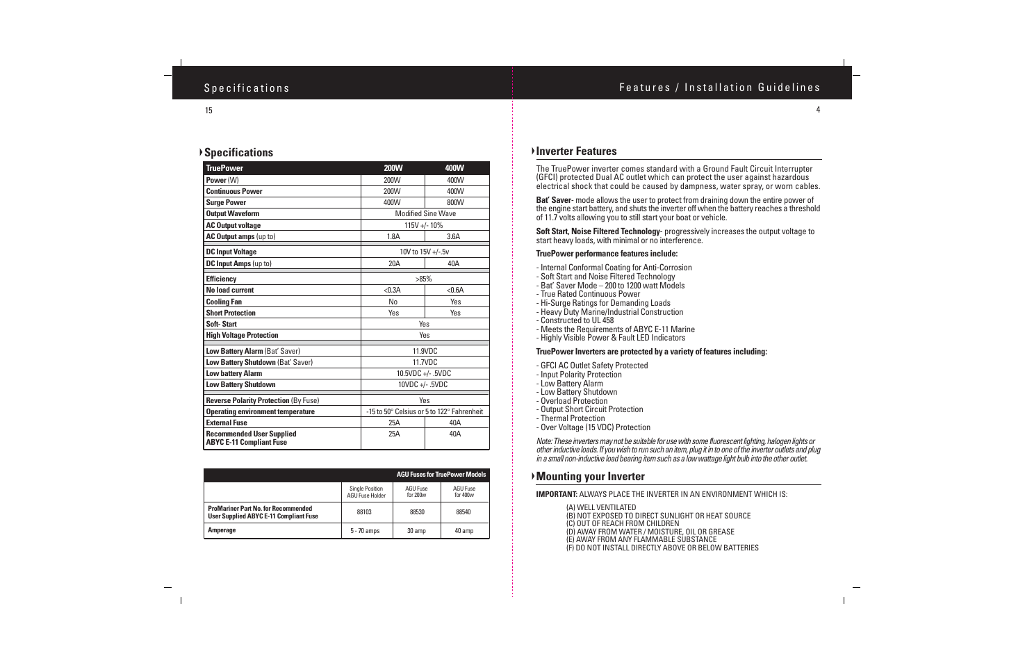 Specifications, Inverter features, Mounting your inverter | ProMariner TruePower 200-400 User Manual | Page 6 / 11