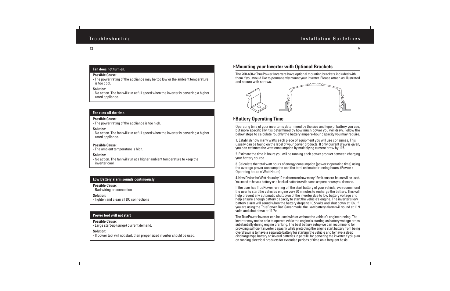 Mounting your inverter with optional brackets, Battery operating time | ProMariner TruePower 200-400 User Manual | Page 8 / 11