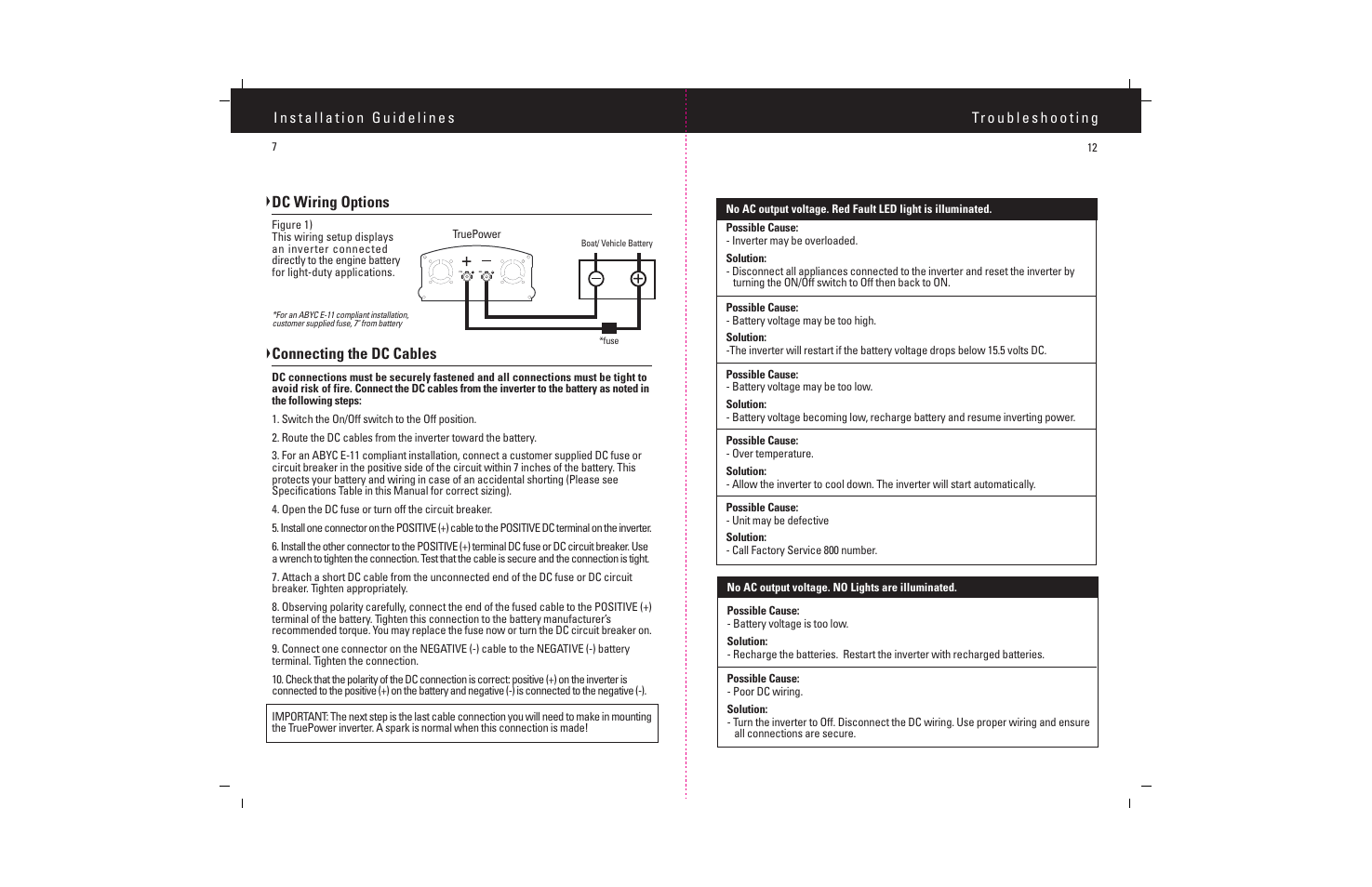 Dc wiring options, Connecting the dc cables | ProMariner TruePower 200-400 User Manual | Page 9 / 11