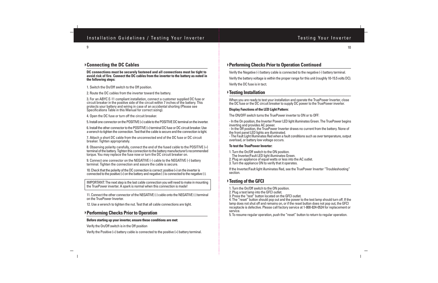 Connecting the dc cables, Performing checks prior to operation, Performing checks prior to operation continued | Testing installation, Testing of the gfci | ProMariner TruePower 600-1200 User Manual | Page 11 / 11