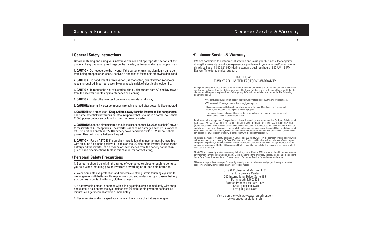 Customer service & warranty, General safety instructions, Personal safety precautions | ProMariner TruePower 600-1200 User Manual | Page 3 / 11