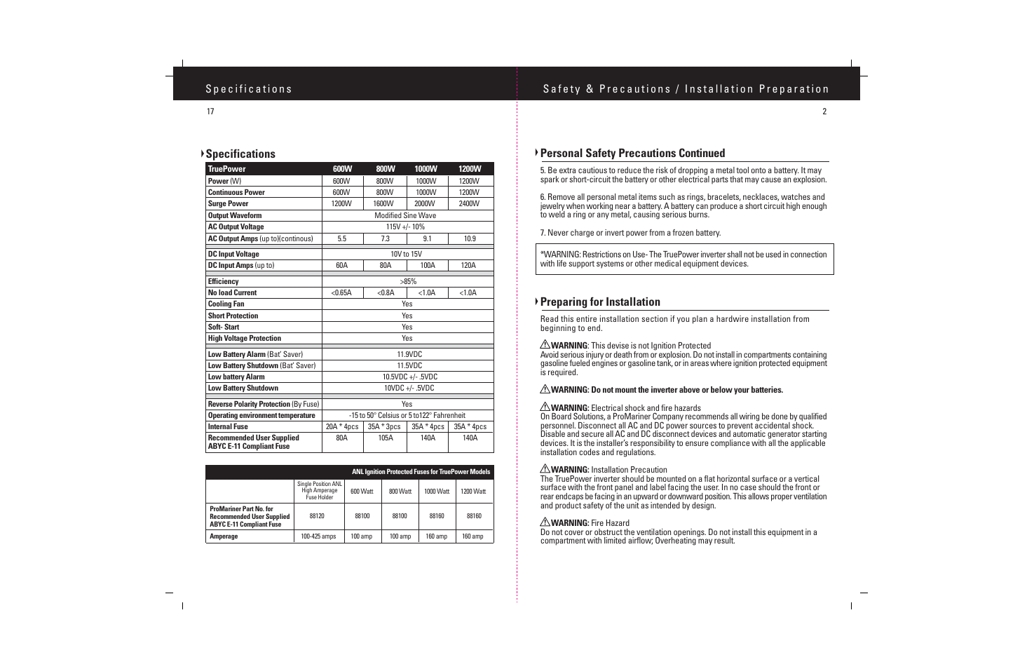 Personal safety precautions continued, Preparing for installation, Specifications | ProMariner TruePower 600-1200 User Manual | Page 4 / 11