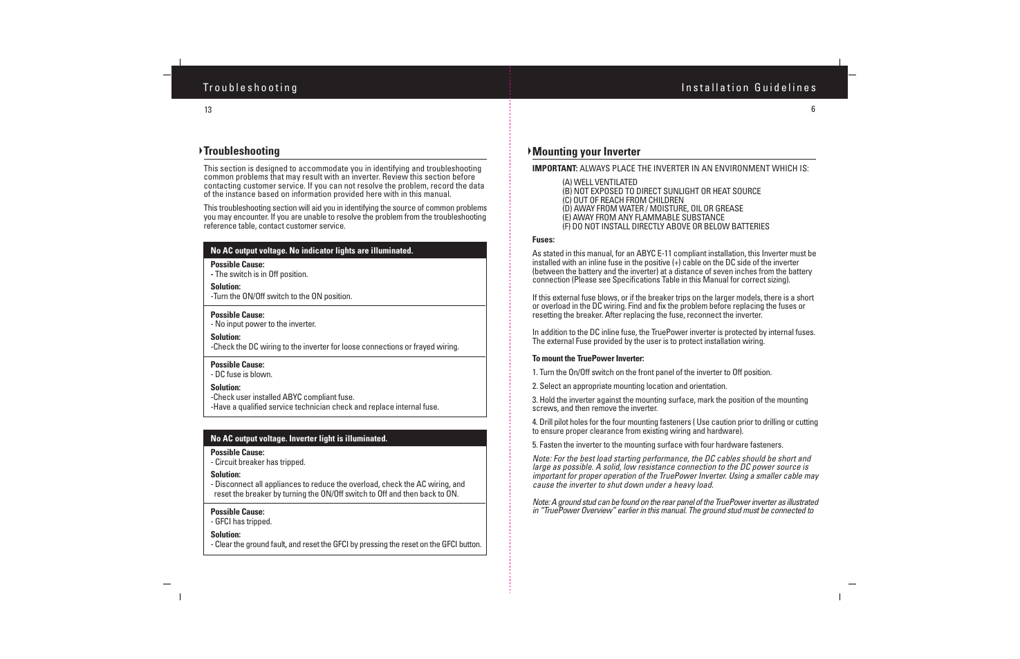 Mounting your inverter, Troubleshooting | ProMariner TruePower 600-1200 User Manual | Page 8 / 11