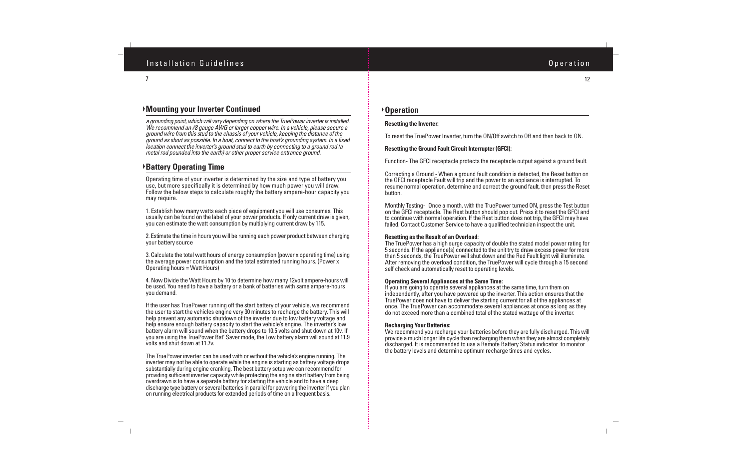 Mounting your inverter continued, Battery operating time, Operation | ProMariner TruePower 600-1200 User Manual | Page 9 / 11