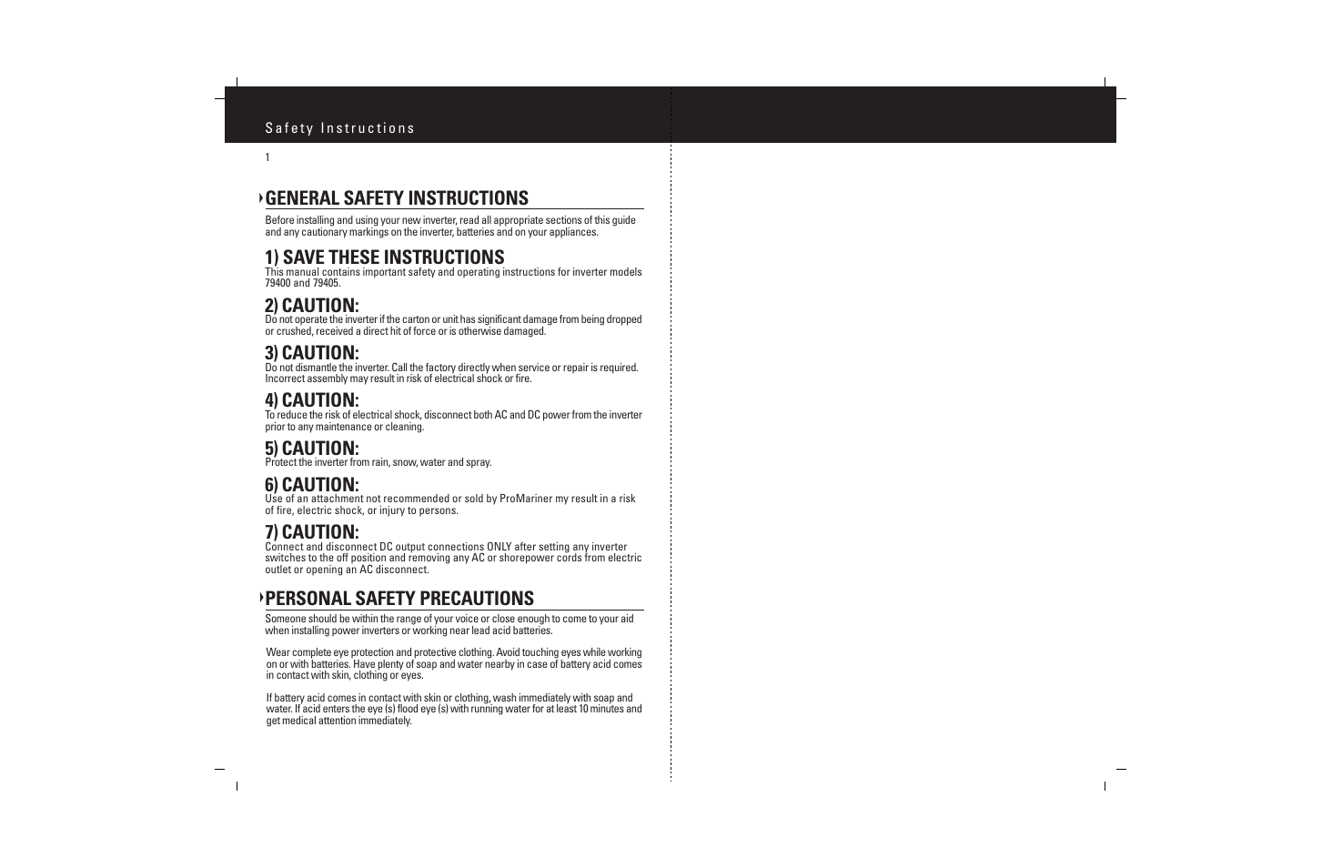 General safety instructions, 1) save these instructions, 2) caution | 3) caution, 4) caution, 5) caution, 6) caution, 7) caution, Personal safety precautions | ProMariner TruePower 400PS User Manual | Page 3 / 11