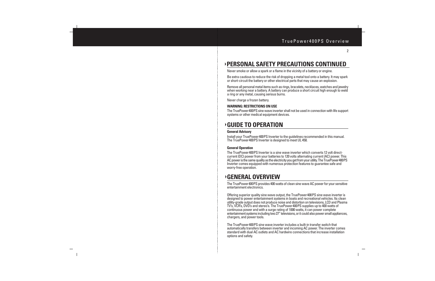 Guide to operation, General overview, Personal safety precautions continued | ProMariner TruePower 400PS User Manual | Page 4 / 11