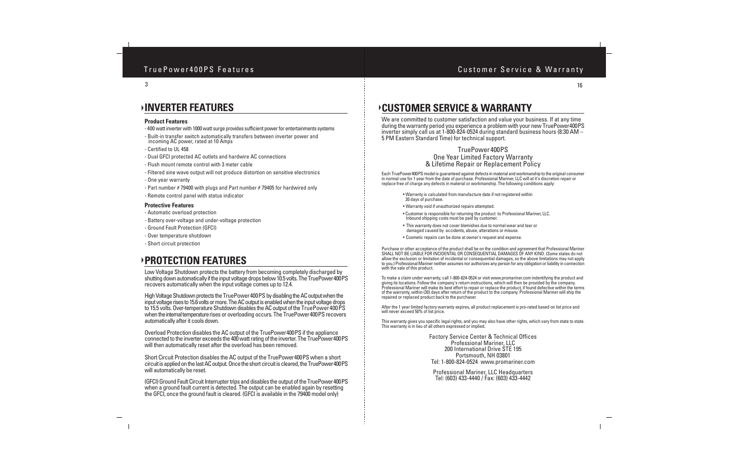 Customer service & warranty, Inverter features, Protection features | ProMariner TruePower 400PS User Manual | Page 5 / 11